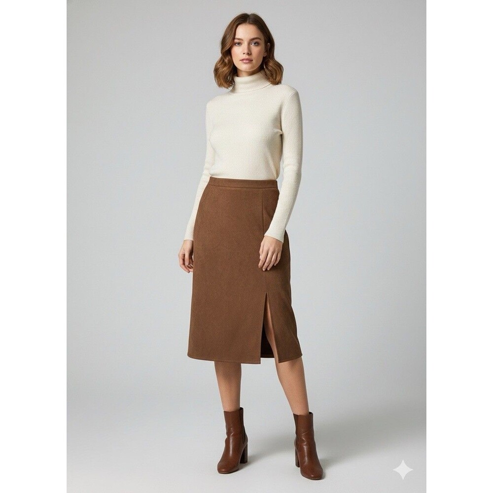 Faux Suede Skirt Midi Soft Beige Brown Western Boho Preppy Stretchy 1X